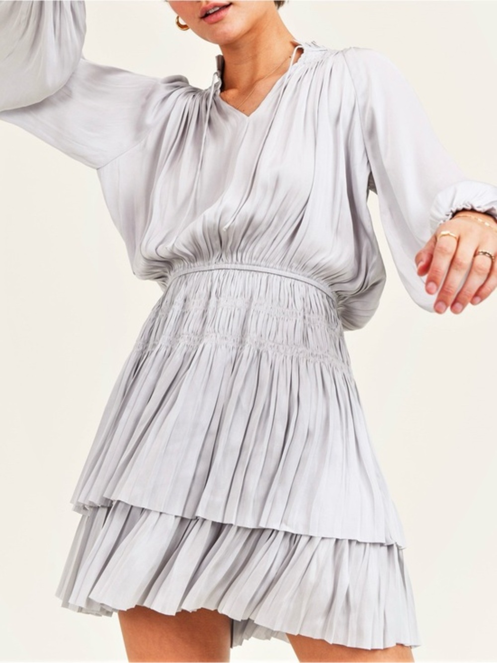 Reset Lana Silver Gray Pleated Long Sleeve Mini Dress M